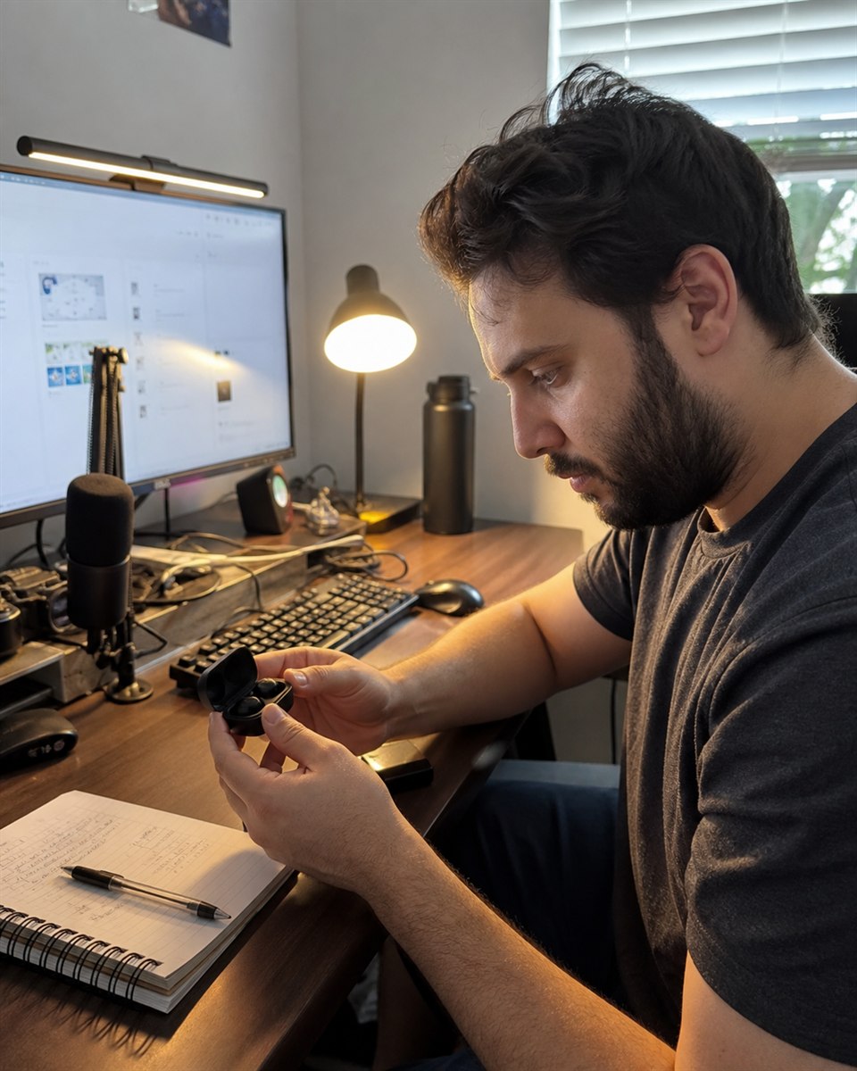Technology creator testing wireless headphones